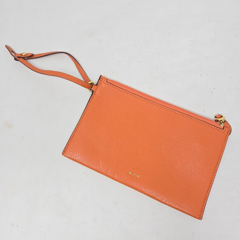 Lauren Ralph Lauren Orange Pebbled Wristlet Pouch Gold Hardware RLL Zip Clutch